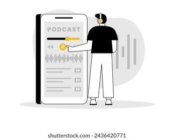 Man listening to podcast on smartphone app, black and white style. Character design. Vector flat illustration