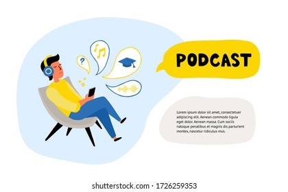Man listening to podcast vector illustration. Boy in headset cartoon character. Student learning through webinars. Teenager listening to music. illustration is suitable for use on websites, banners.