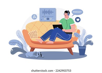 Man Listening To The Podcast While Sitting On A Couch