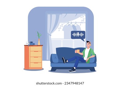 Man Listening To The Podcast While Sitting On A Couch