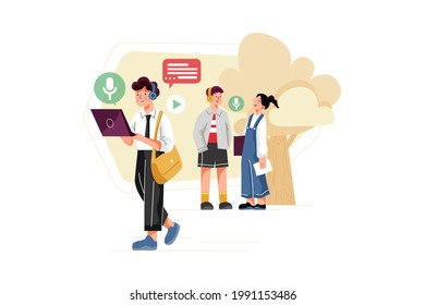 Man listening to podcast while walking to work Illustration concept. Flat illustration isolated on white background.