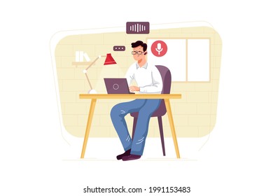 Hombre escuchando podcast mientras trabaja el concepto de Ilustración. Ilustración plana aislada en fondo blanco.