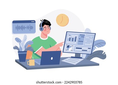 Man Listening To The Podcast While Working