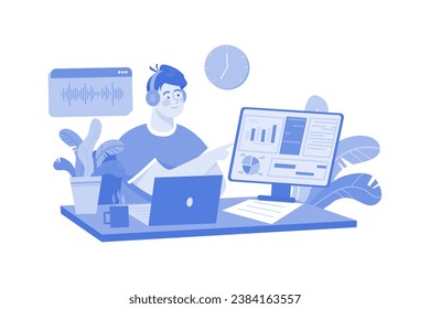 Hombre Escuchando El Podcast Mientras Trabaja