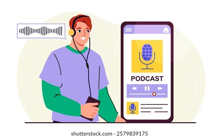 Man listening to podcast. Young guy with smartphone and headphones listens to audio file. Social media content. Internet broadcast and stream, conversation. Flat vector illustration