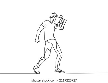 man listening to song holding old radio tape recorder around his neck