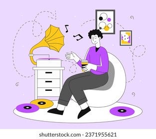 Man listening vintage vinyl line. Young guy enjoy with music. Character with beanbag near gramophone. Leisure and rest indoor. Favorite playlist and audio files. Linear flat vector illustration