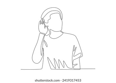 A man is listening to whispers. Gossip one-line drawning
