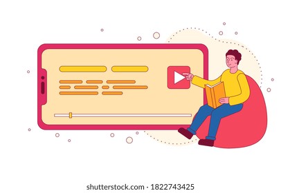 A man listeninig to an audiobook using his smartphone. Colored vector illustration