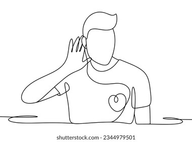 A man listens to his inner voice. Listen to your heart. Raising awareness. Mindfulness Day. One line drawing for different uses. Vector illustration.