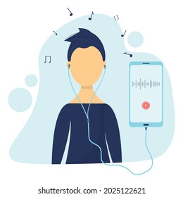 The man listens to music with headphones. Melomaniac, music lover, fan. Man enjoying songs in headset via smartphone, Flat vector illustration