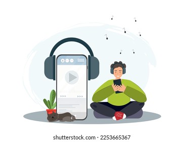 Man listens to music on headphones via smartphone, listening audio podcasts, mobile apps for audio files concept, flat vector illustration