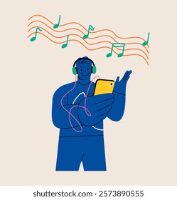 Man listens to music on his phone with headphones. Colorful vector illustration