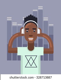 Man listens to music. Vector flat illustration