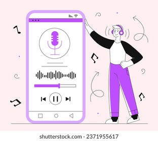 Man listens podcast line. Young guy in headphones with phone with audio files. Playlists and music. Character with favorite songs. Fun and leisure. Linear flat vector illustration