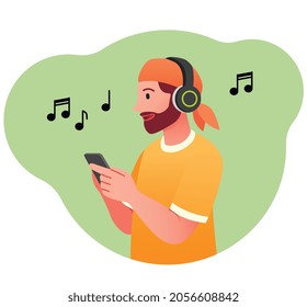 Man listens to radio concept. Male character in headphones holds smartphone and turns on loud track. Person loves music. Cartoon contemporary flat vector illustration isolated on white background