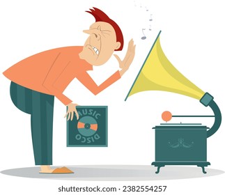 El hombre escucha un registro en el viejo jugador de discos. 
Hombre gracioso escuchando un largo récord de juego en el jugador vintage. Aislado sobre fondo blanco
