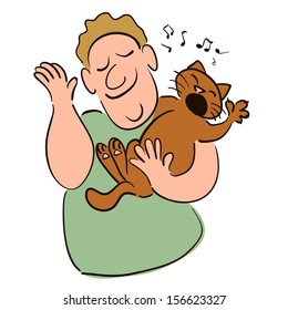 Man listens to a singing cat.