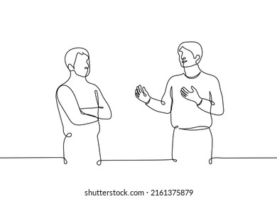 man listens skeptically to the speaker    one line drawing vector  concept joyful speaker gesticulates  advertises something   his listener stands and crossed arms unimpressed by the speech