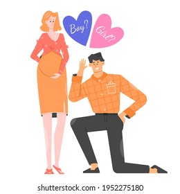Man listens to the tummy of a pregnant wife. Future mom and dad. Child expectation, new life, happy family. Vector flat illustration.