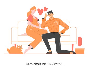 Man listens to the tummy of a pregnant wife. Future mom and dad. Child expectation, new life, happy family. Vector flat illustration.