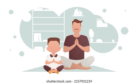 Un hombre con un niño pequeño está sentado y haciendo yoga en la habitación. Meditación. Estilo de caricatura. Ilustración del vector