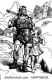 A man with little boy walking together and boy looking at him, houses and trees in background, vintage line drawing or engraving illustration