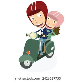 Man and little girl driving a scooter. Vector Illustration.