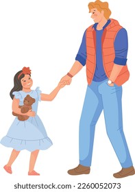 Man with little girl hold hands. Happy father and daughter isolated on white background