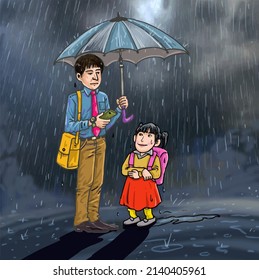 A Man And Little Girl Share Umbrella