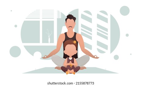 A man and a little girl sit in the lotus position. Meditation. Cartoon style. Vector illustration