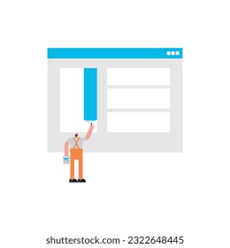 Man Little man makes web design of internet page. Concept web designer and developer
