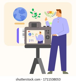 Man live stream teach online design. work from home video recording.
