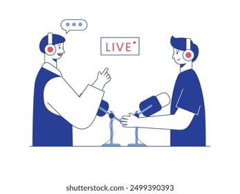 Man live streaming podcast concept, content creator. Character design. Vector flat illustration