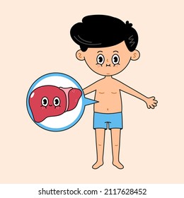 Un homme avec une icône du foie dans une bulle. Image vectorielle dessinée à la main, style dessin animé traditionnel vintage, création d'icône d'illustration de caractère rétro. Joli garçon, foie, santé, enfants, mascotte, adorable, caractère enfant