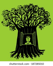 man lives inside a tree with window