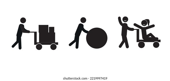 a man with a load on a cart, with a man, rolls a ball, an icon of a human figure isolated on a white background, a pictogram