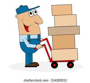 man loader with boxes on the trolley, vector illustration