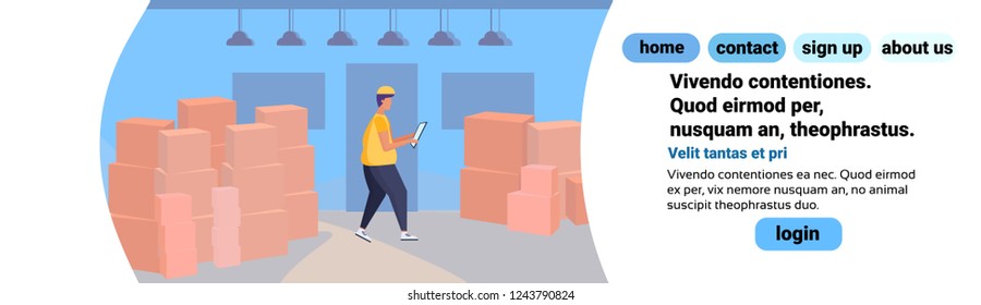 man loader checklist warehouse interior background box parcel delivery concept flat horizontal banner copy space