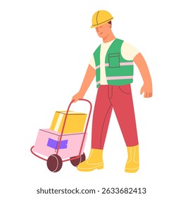 Man is a loader, a labourer carrying boxes in a trolley