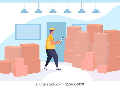 man loader using smartphone mobile app parcel box warehouse interior background delivery concept flat horizontal full length vector illustration