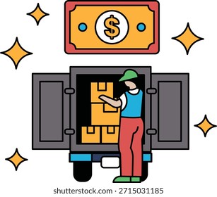 Ein Mann lädt Kisten in einen Lastwagen. Der Lastwagen ist von einem Dollarzeichen umgeben. Konzept der harten Arbeit und der Wert des Geldes