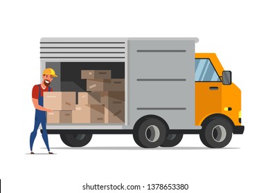 Man loading boxes in van flat illustration. Courier, delivery guy carrying cardboard container. Packages, parcels in truck. Warehouse worker cartoon character. Distribution, shipment isolated clipart