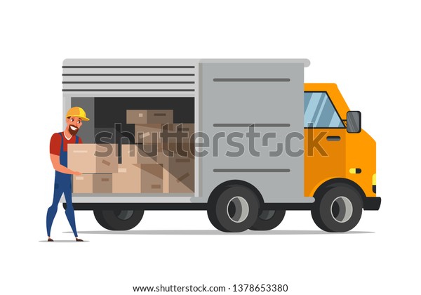 バンフラットイラストで箱を積む男性 宅配便の人が段ボールの容器を持ってる 荷物 荷物をトラックに積み込む 倉庫作業者の漫画のキャラクター 配布 分離型 クリップアートの出荷 のベクター画像素材 ロイヤリティフリー