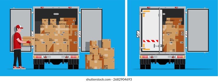Homem carregando caixa de papelão no caminhão de entrega. Serviços de carga e conceito de expedição. Logística e transporte globais.