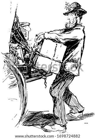Man Loading Cart, vintage illustration.