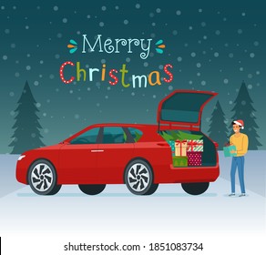 Man loading christmas gifts into the trunk of a car. Vector flat style illustration.