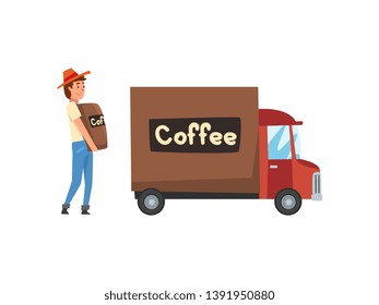 Man Loading Coffee Bags into Delivery Truck, Coffee Industry Production Stage Vector Illustration