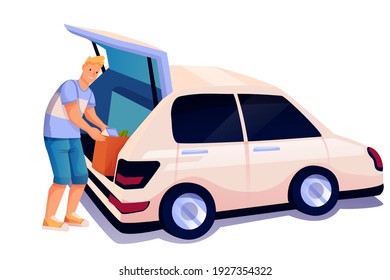 Man Loading Groceries Into Open Trunk Of Car. Young Happy Guy Putting Food From Supermarket In Bag Vector Illustration. Smiling Male With Products In Hands On White Background.