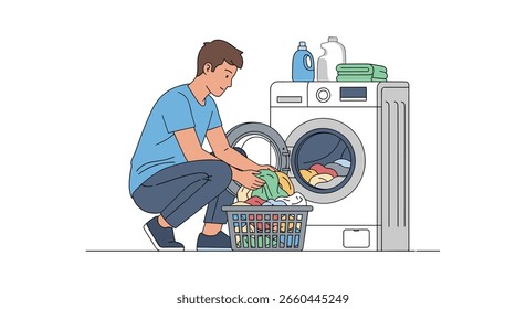 Man loading laundry into washing machine and doing household chores efficiently